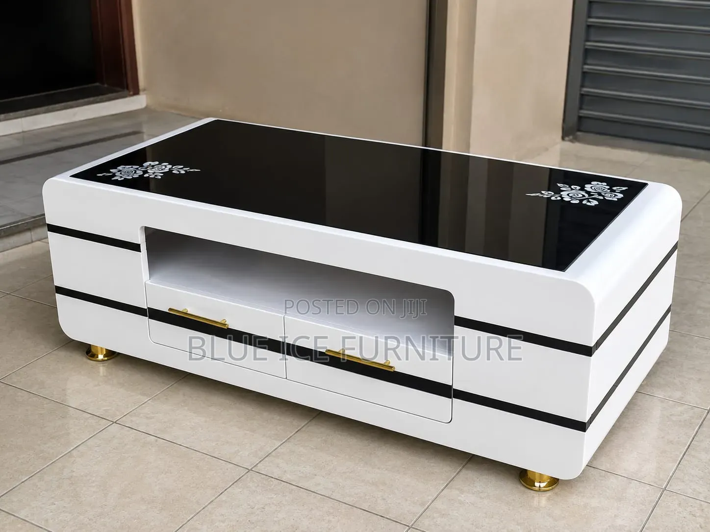 Coffee Table -Modern White Black Glass Top Coffee Table With Drawers