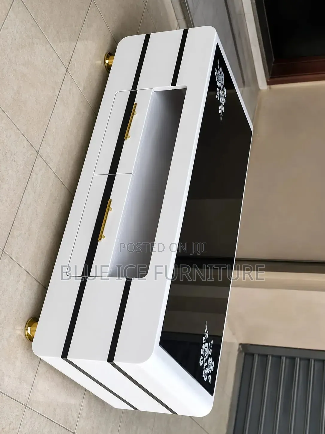 Coffee Table -Modern White Black Glass Top Coffee Table With Drawers