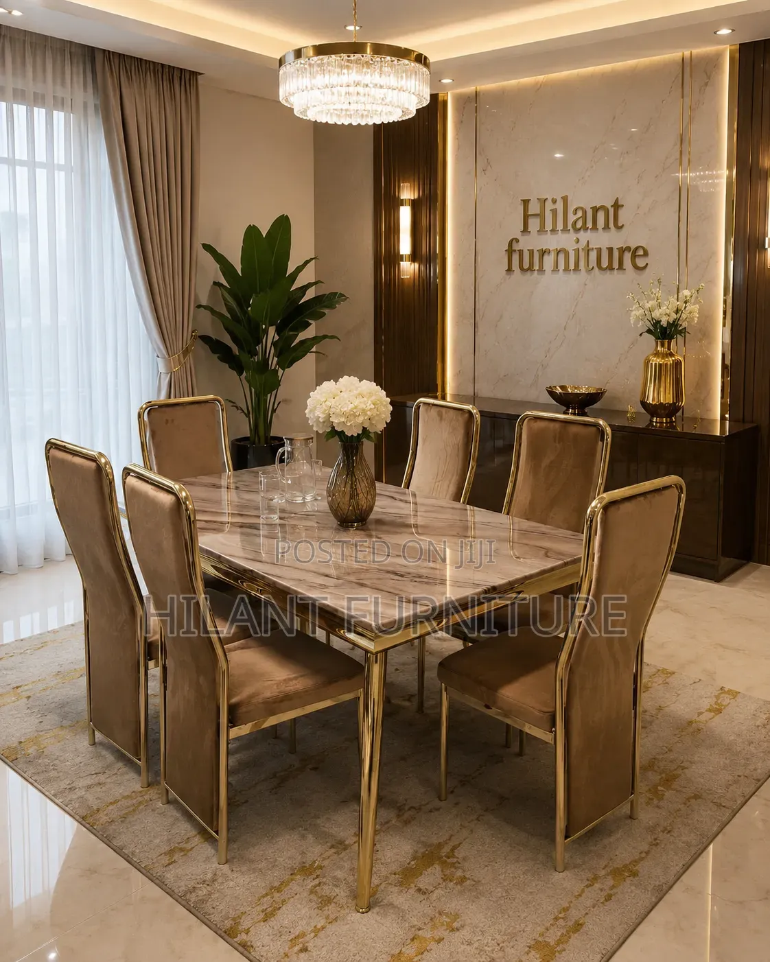 Six-Seater Marble Dining With Velvet Seats