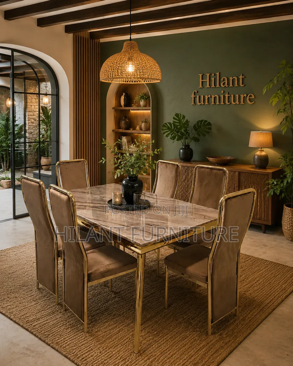 Six-Seater Marble Dining With Velvet Seats