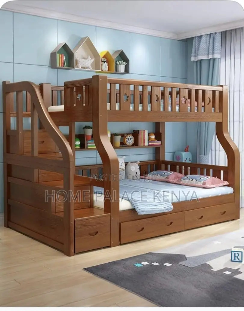Bunk Bed; Kids Wooden Double Bunk Bed With Ladder and Safety Rails