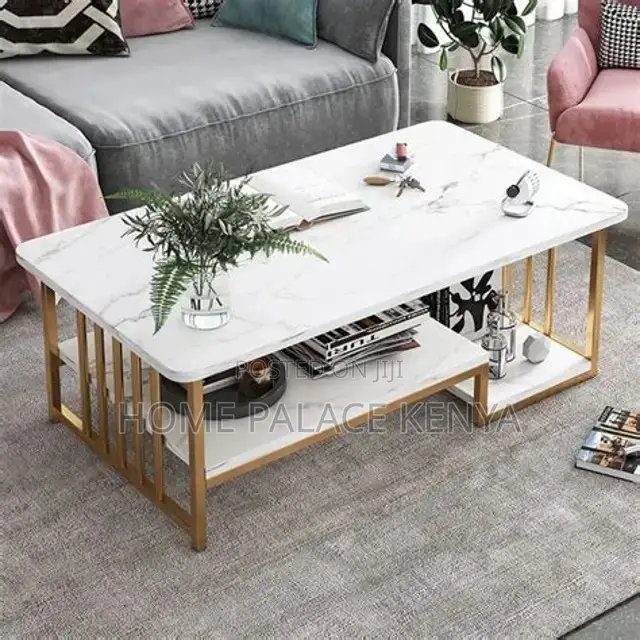 Coffee Table; Rectangular Marble Top Coffee Table With Storage Shelf