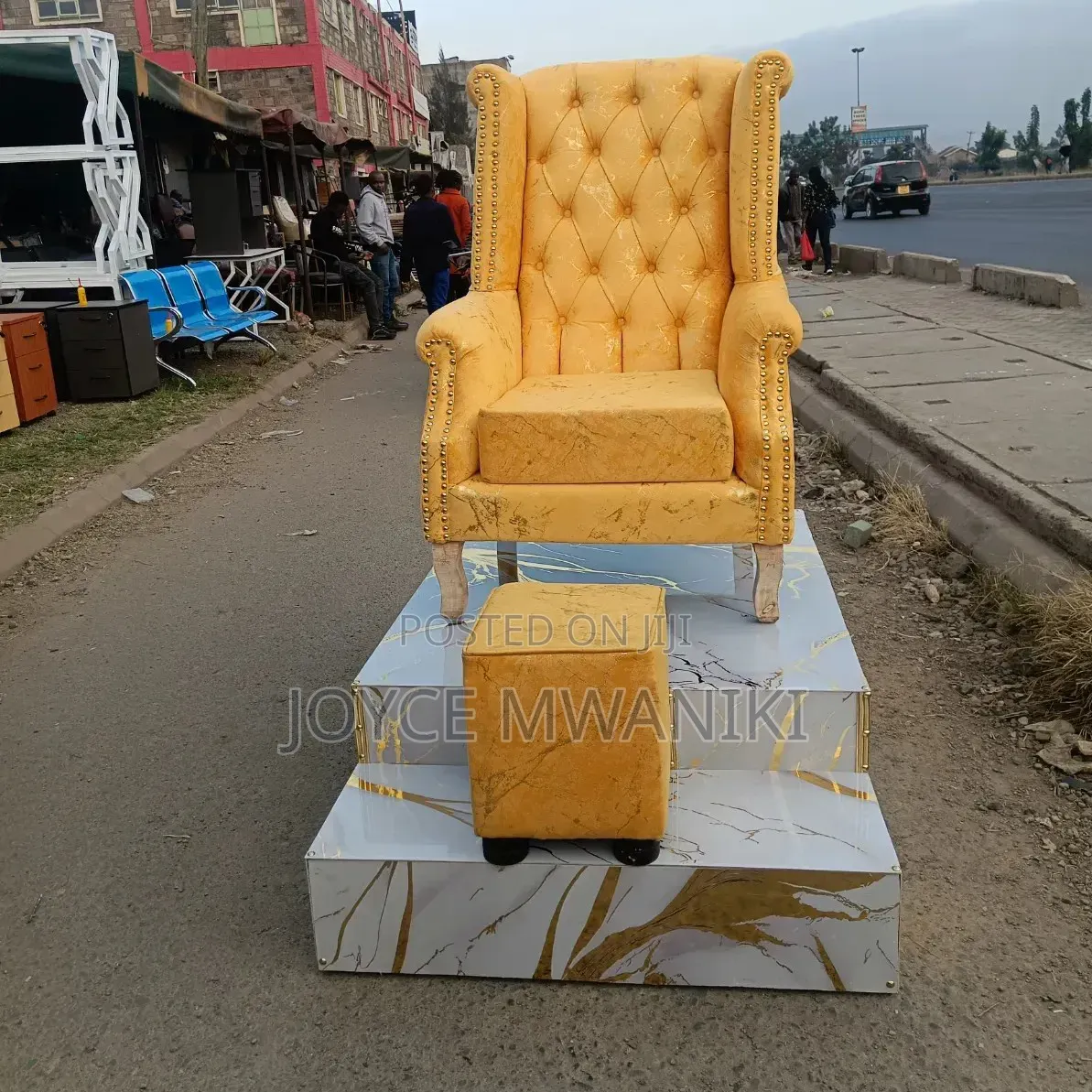 Pedicure Seat, Pouf and Laminated Marble Podium 