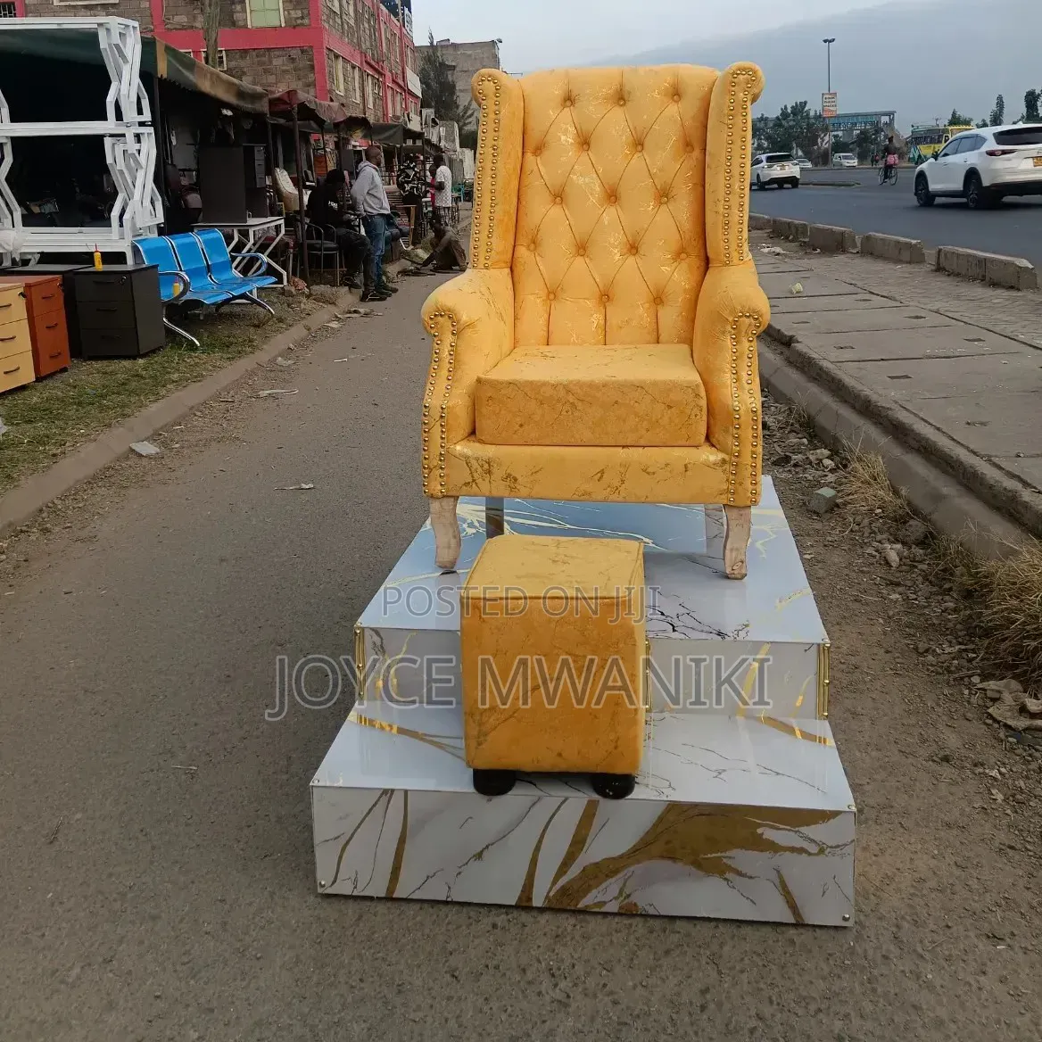 Pedicure Seat, Pouf and Laminated Marble Podium 