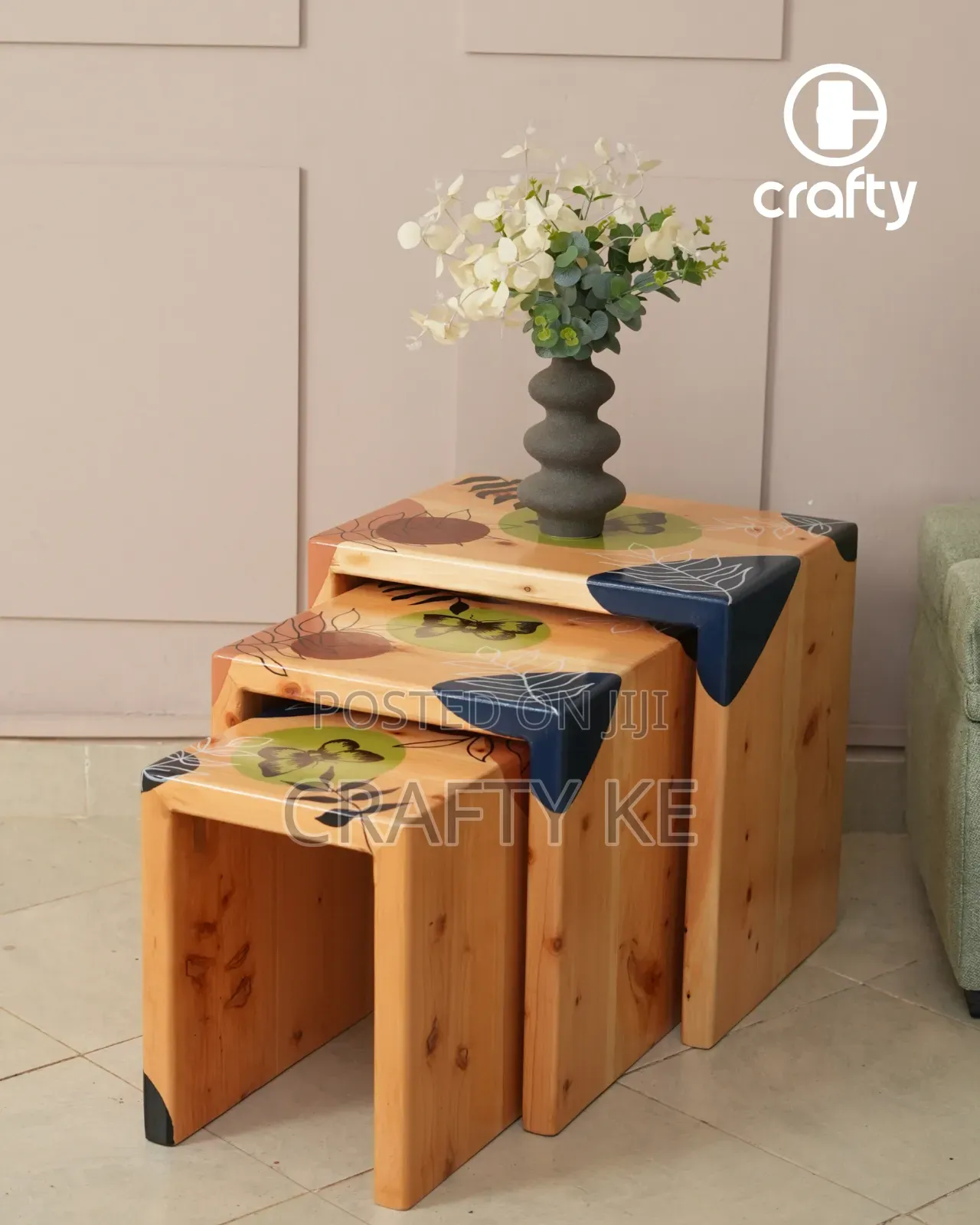 Botanical Art Nesting Stools - Set of 3, Cypress Wooden Stools
