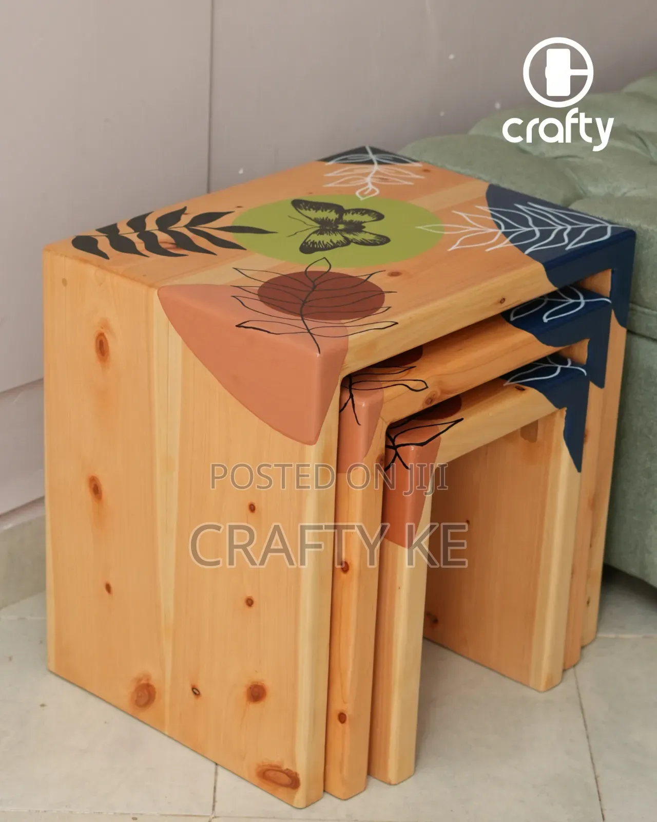 Botanical Art Nesting Stools - Set of 3, Cypress Wooden Stools