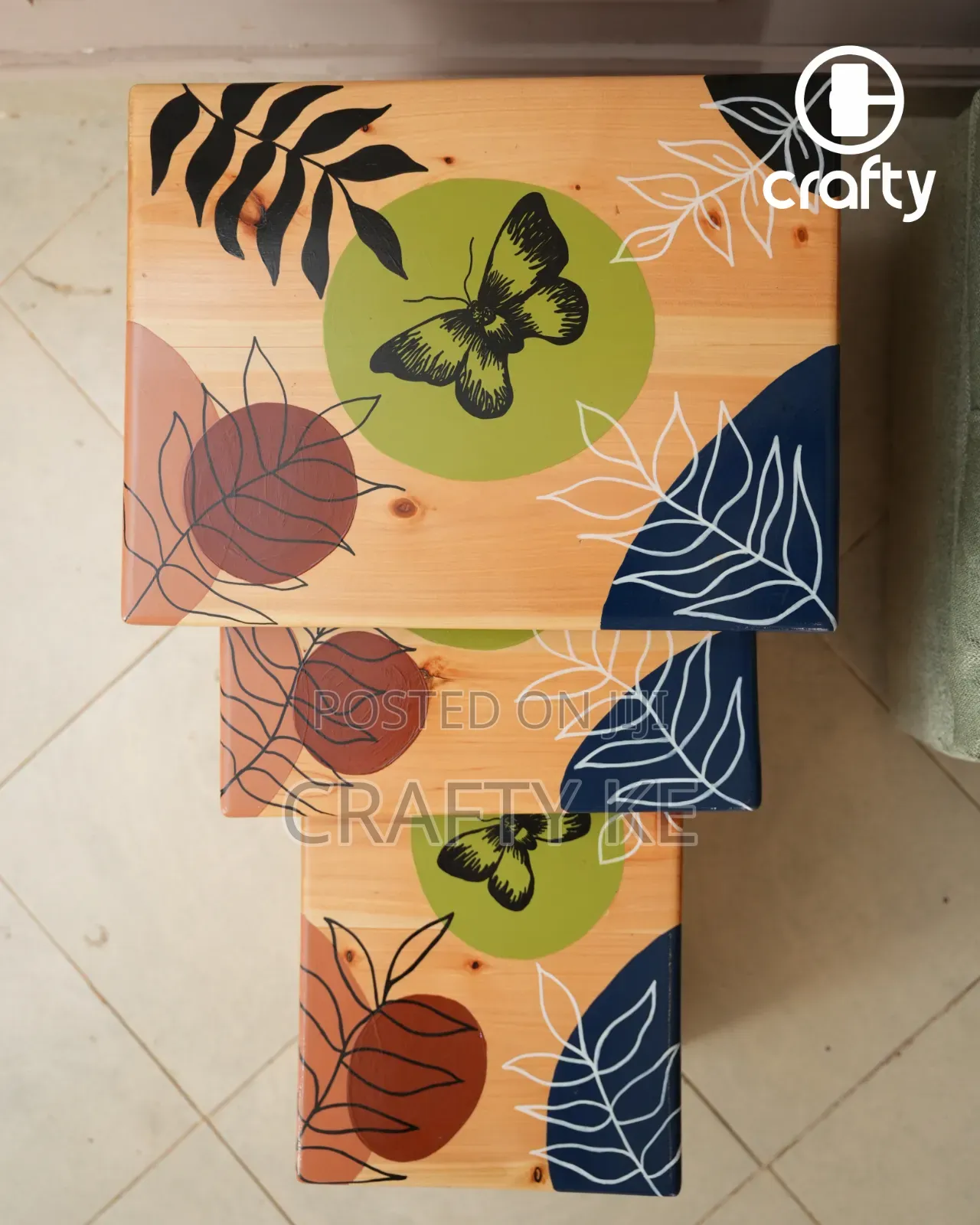 Botanical Art Nesting Stools - Set of 3, Cypress Wooden Stools