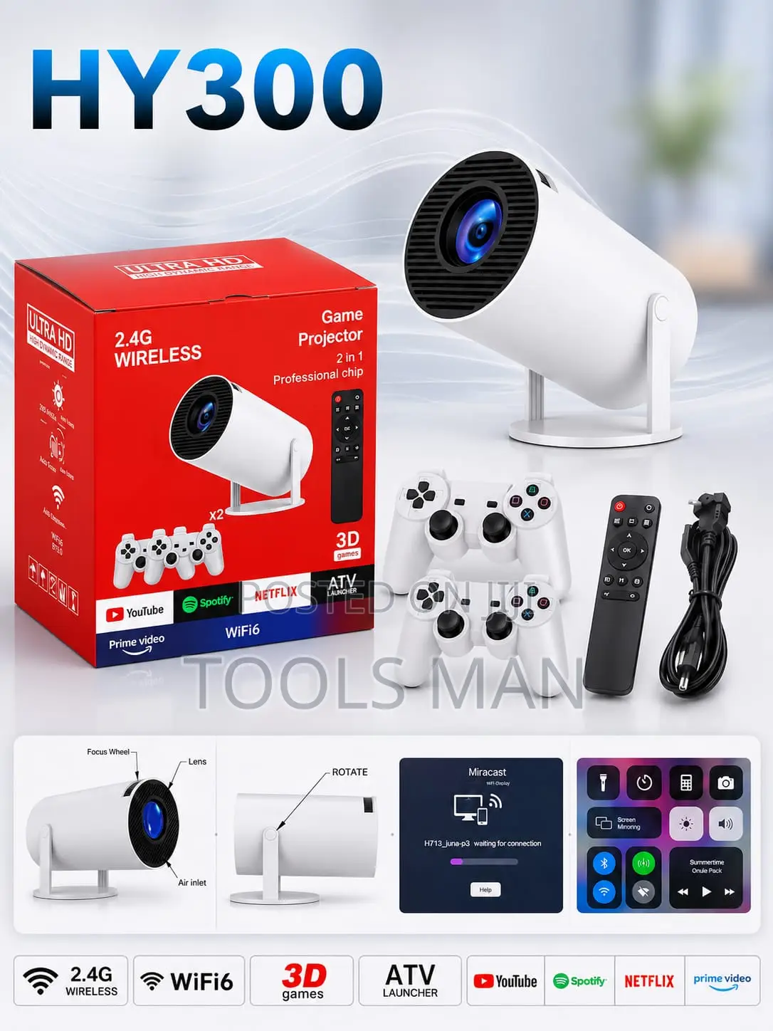 HY300 Smart Android 11 Mini Projector Wi-Fi 6 180° Home Cinema