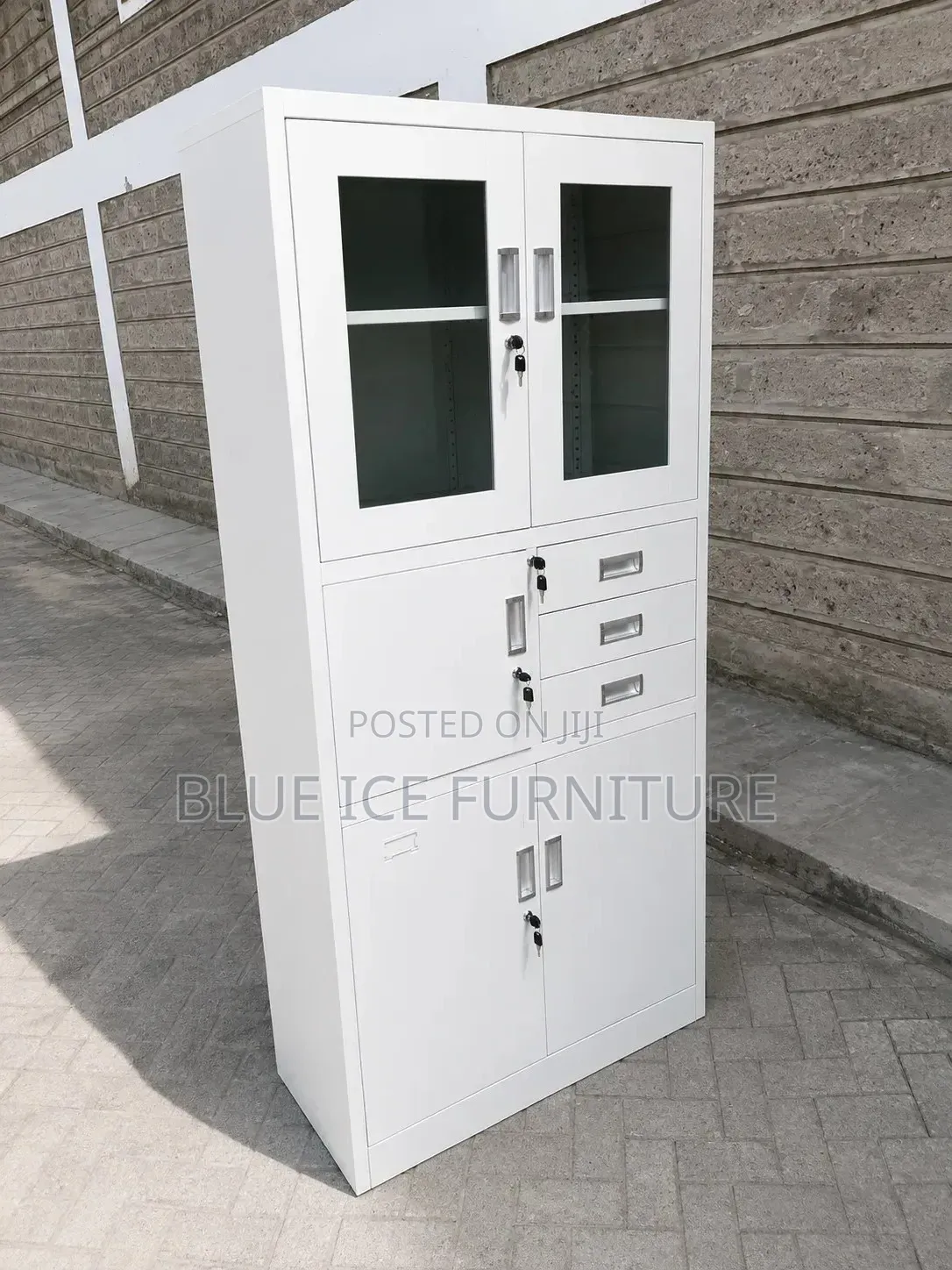 White Steel Office Filing Cabinet With Glass Doors Drawers