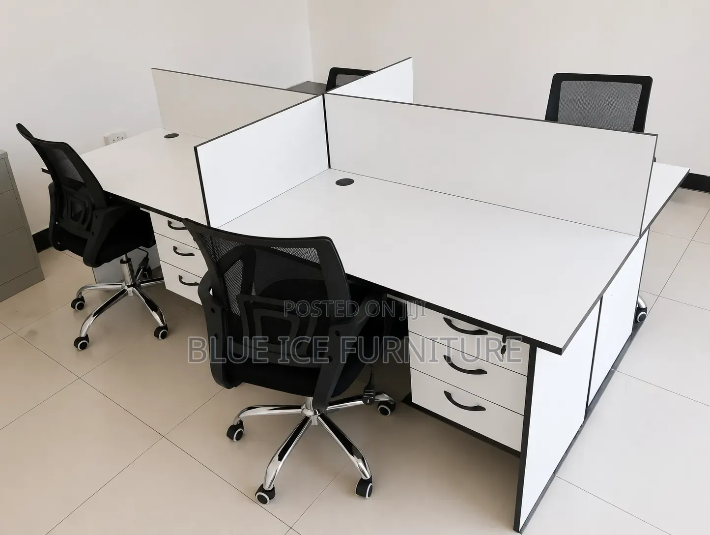 White 4 Way Office Workstation With Drawers Partition Panels