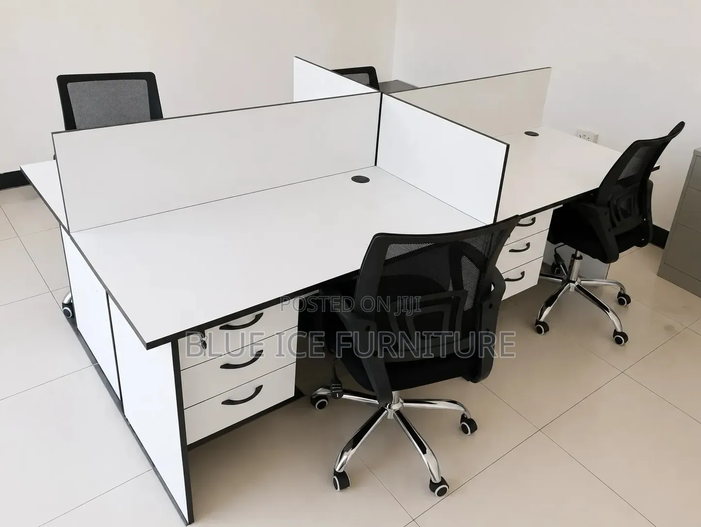 White 4 Way Office Workstation With Drawers Partition Panels