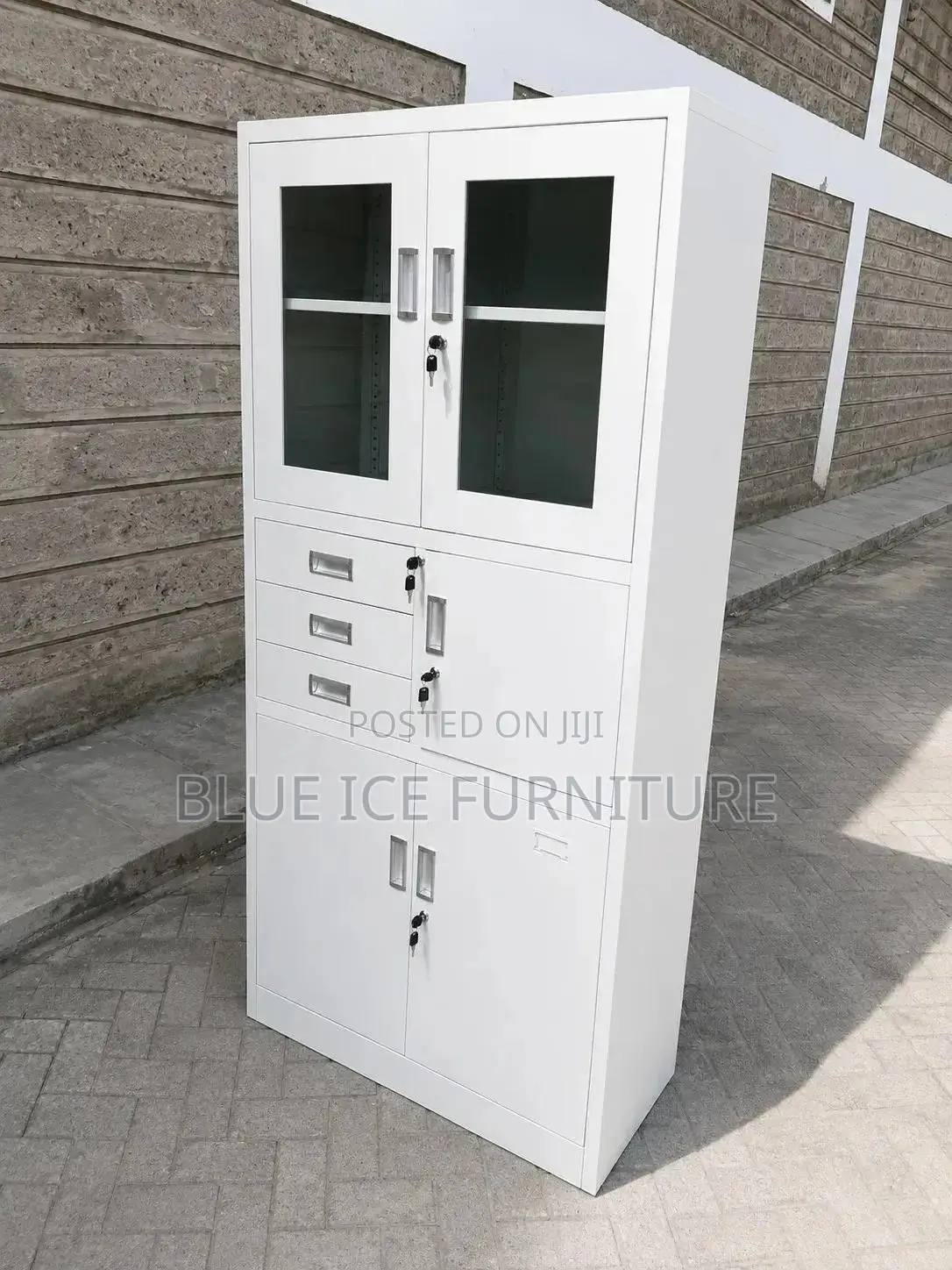 White Steel Office Filing Cabinet With Glass Doors Drawers