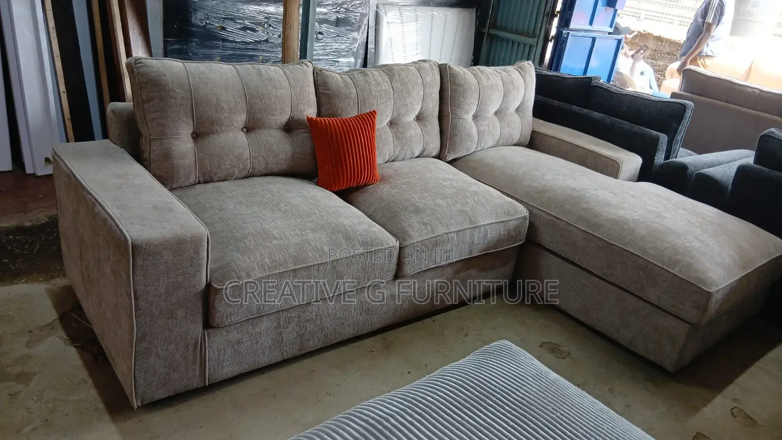 6-Seater Beige L-Shaped Sofa Tufted Back