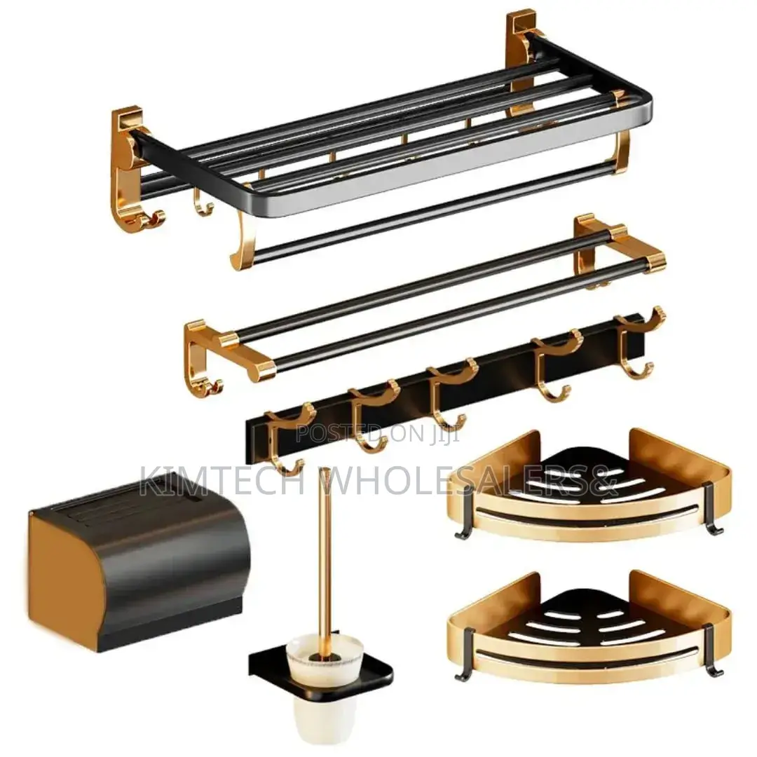 7pcs Black and Gold Multifunctional Aluminum Bath Towel Storage
