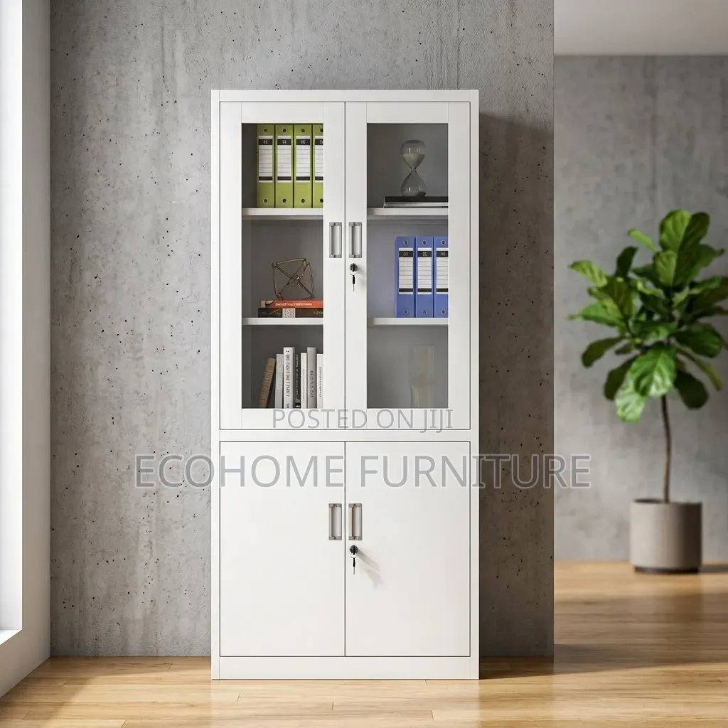 Modern Office Storage Cabinet With Glass Doors, Shelves Lockable