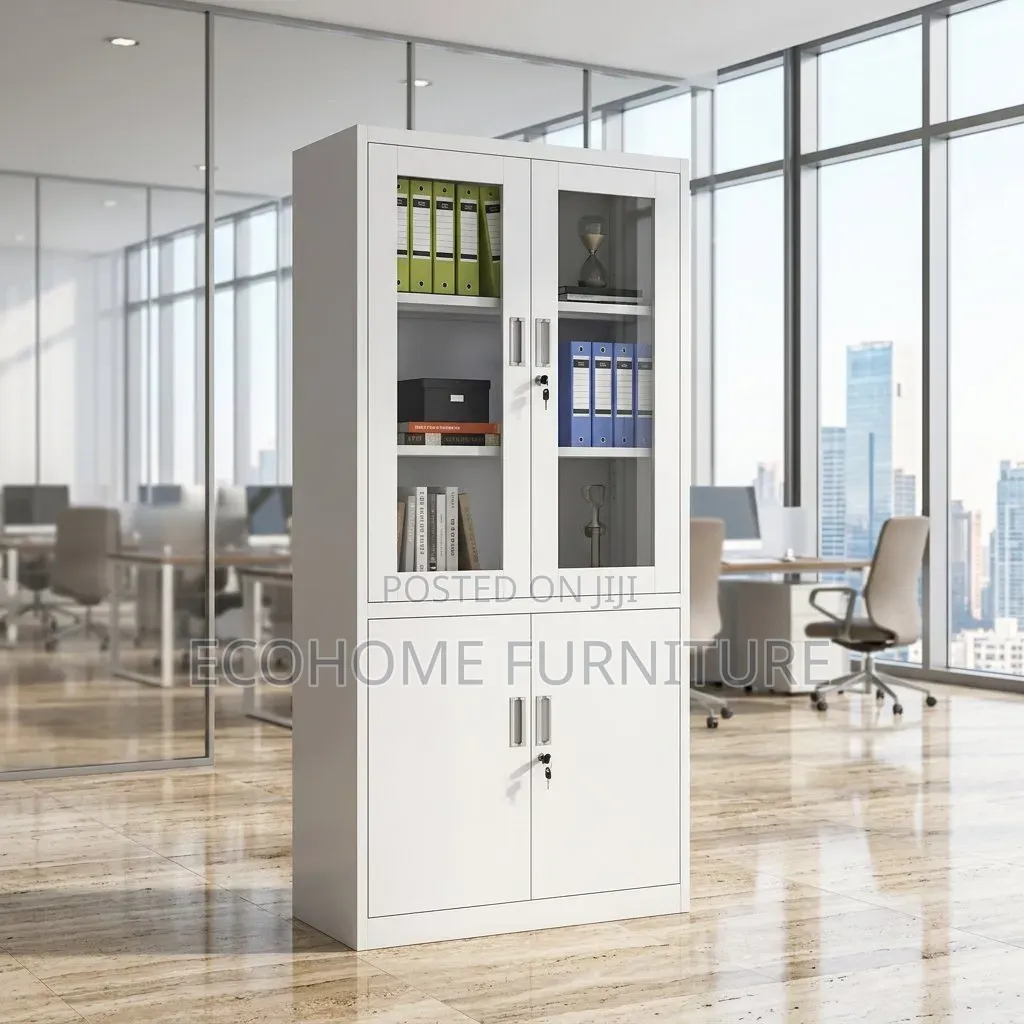 Modern Office Storage Cabinet With Glass Doors, Shelves Lockable