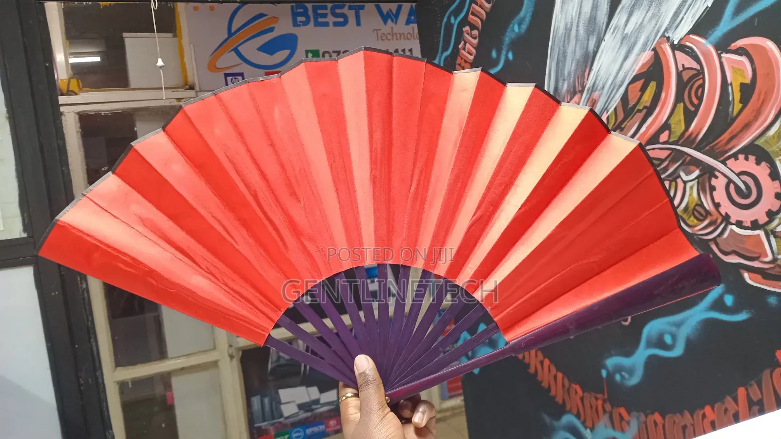Red Chinese Folding Fan With Calligraphy