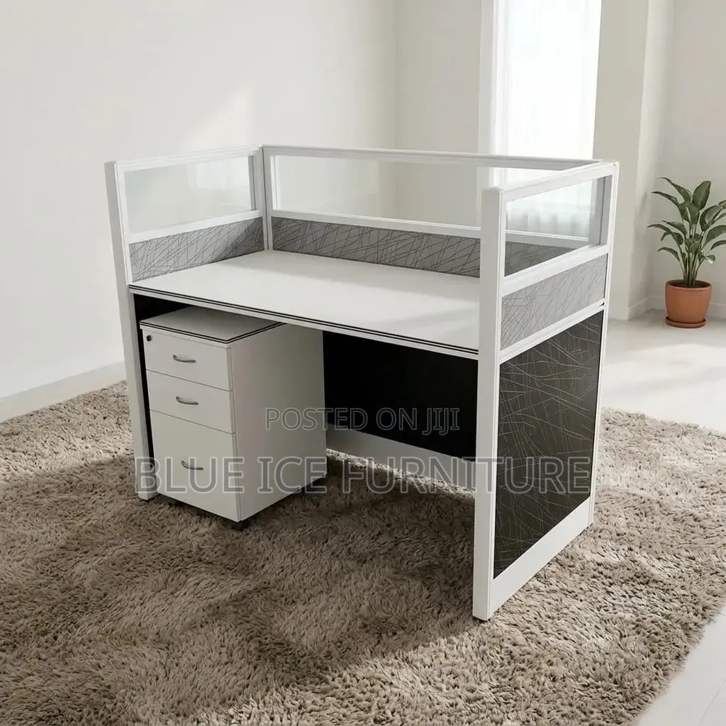 Modern Office Workstation Desk With Glass Partition 3 Drawer Cabinet