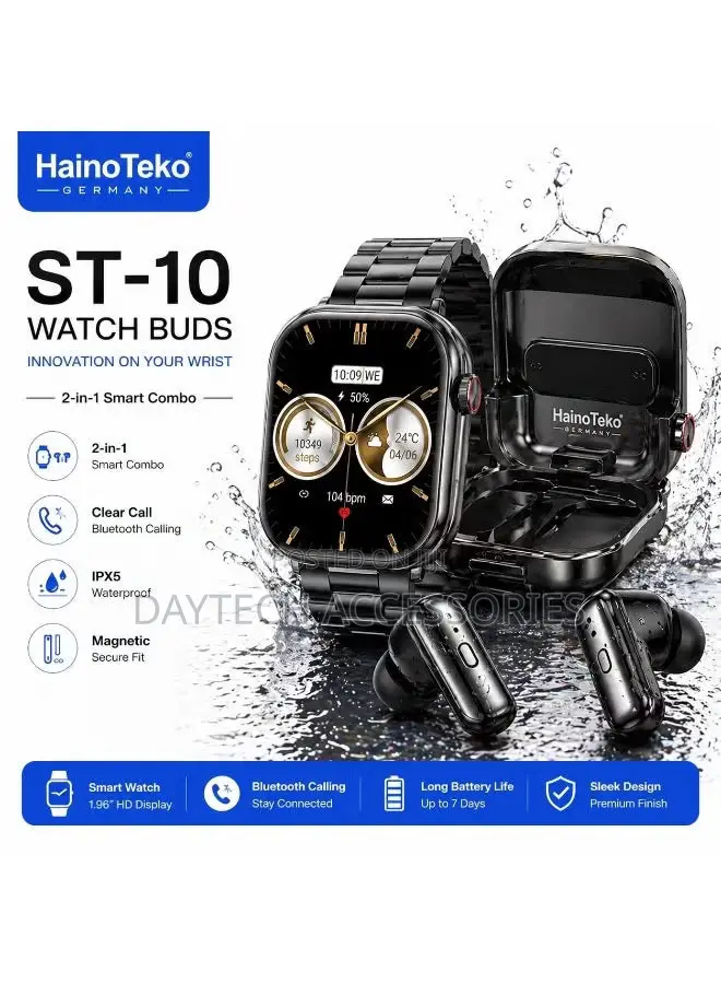 HainoTeko ST-10 Smart Watch With Wireless Earphones - Black