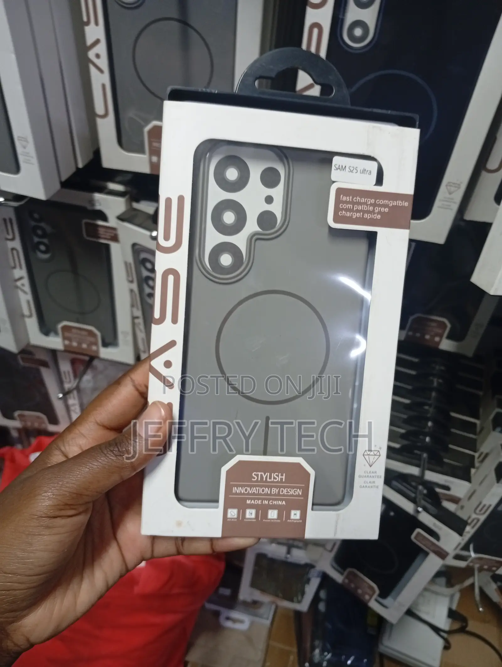 Phone Case in a White and Brown Box Labeled for the Samsung Galaxy S25