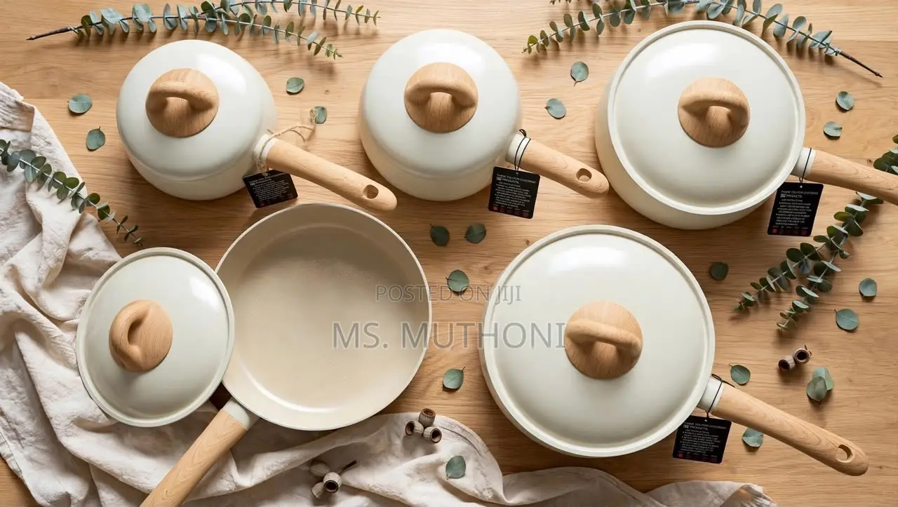 Aesthetic Ceramic Cookware Set With Wood-Grain Handles and Knobs.