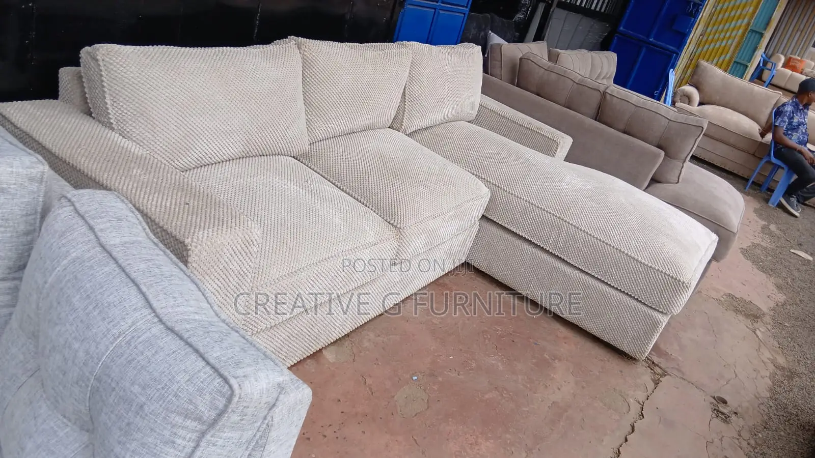 6-Seater Beige Bubble Fabric Sofa