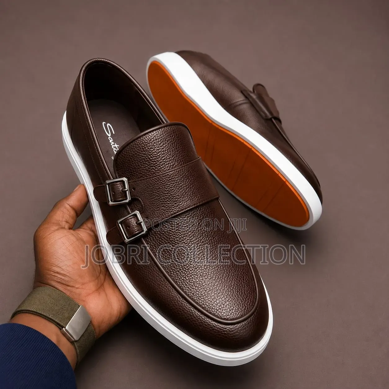 Santoni Slip on Double Buckle Leather Loafers
