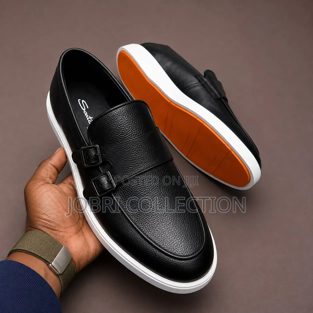 Santoni Slip on Double Buckle Leather Loafers
