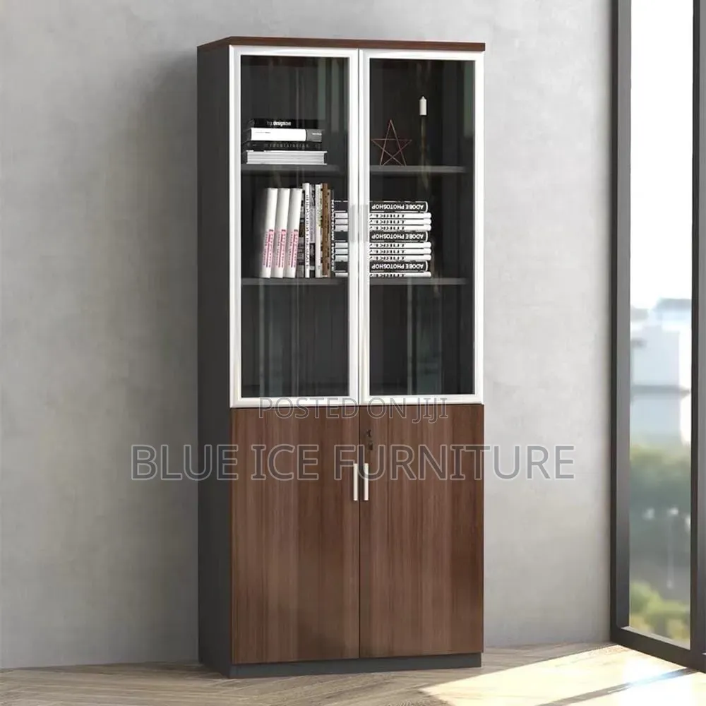 Wooden Storage Cabinet With Glass Display Doors