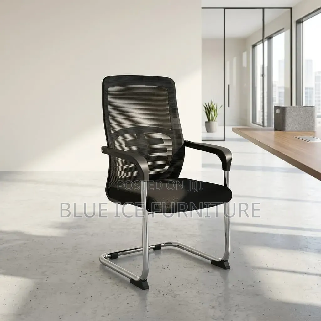 Office Chair - Modern Black Mesh Visitor Chair With Chrome Legs