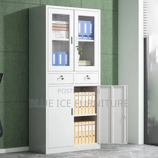 4-Door Office Filing Cabinet With Glass Displays and Lockable Drawers