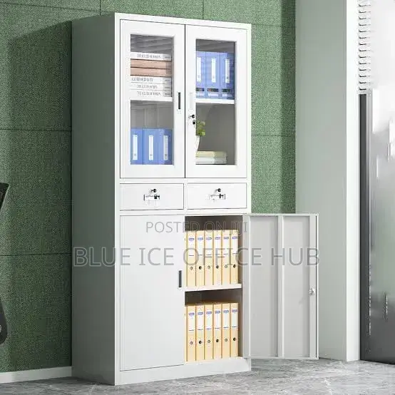 4-Door Office Filing Cabinet With Glass Displays and Lockable Drawers
