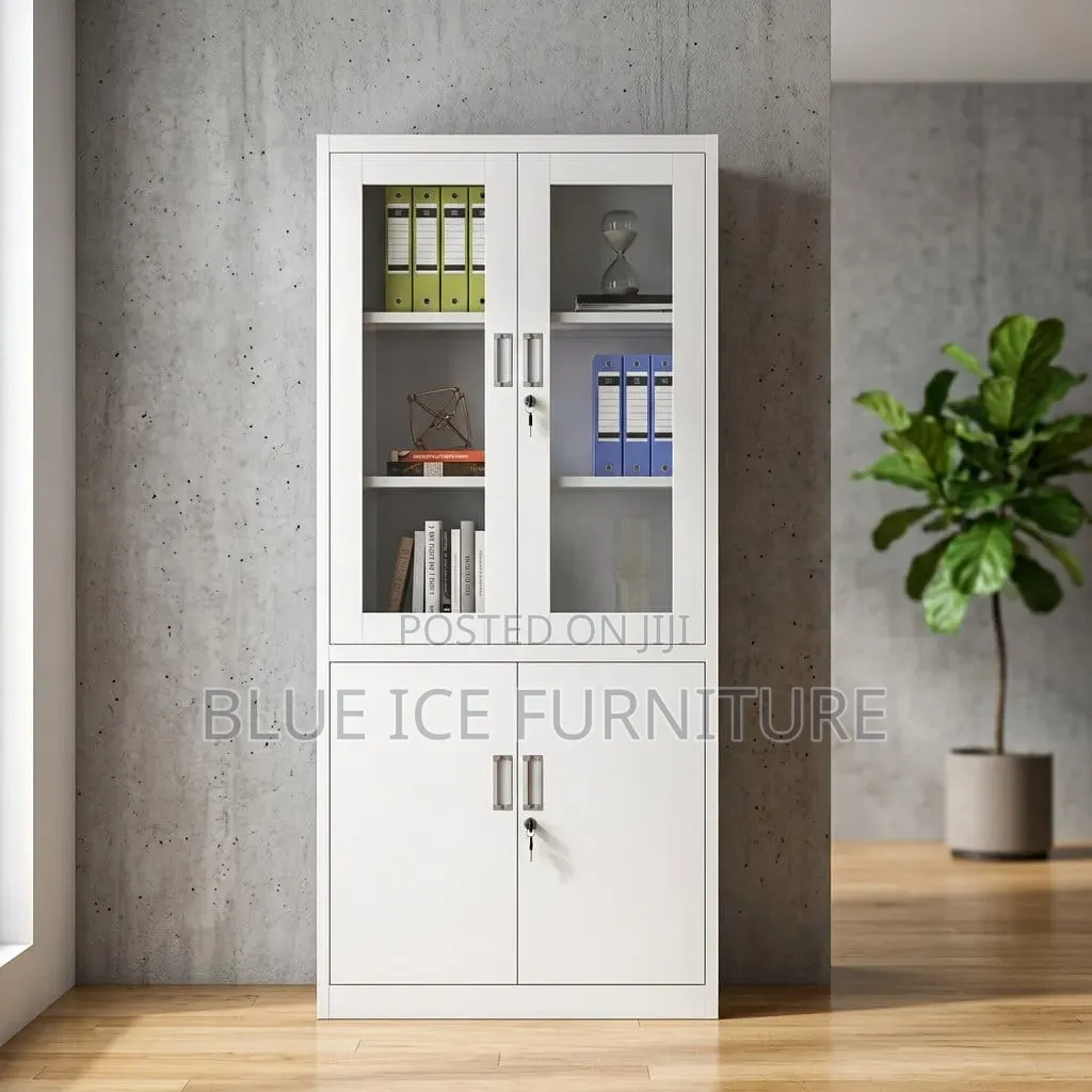 Modern White Office Filing Cabinet With Glass Doors
