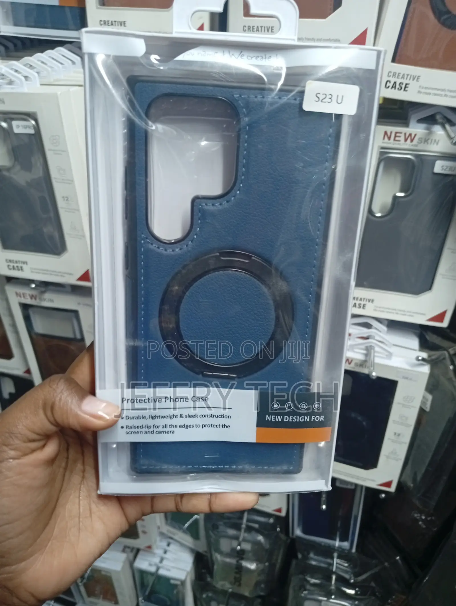 Blue Leather Magnetic Ring Case for the Samsung Galaxy S23 Ultra,