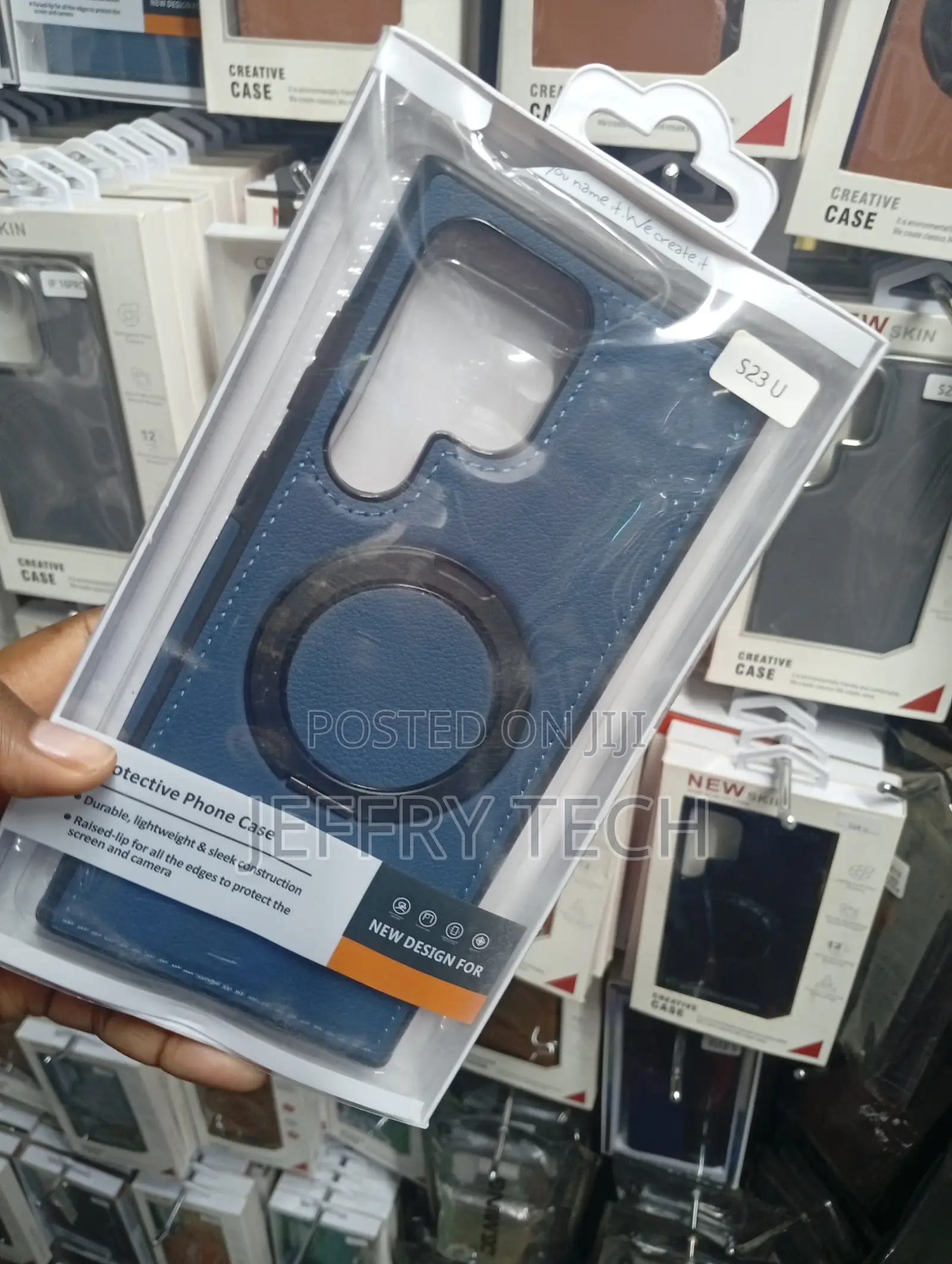 Blue Leather Magnetic Ring Case for the Samsung Galaxy S23 Ultra,