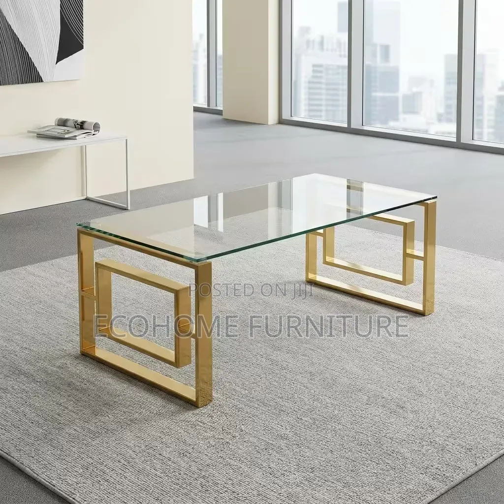 Coffee Table Glass Top Gold Metal Frame Modern Design