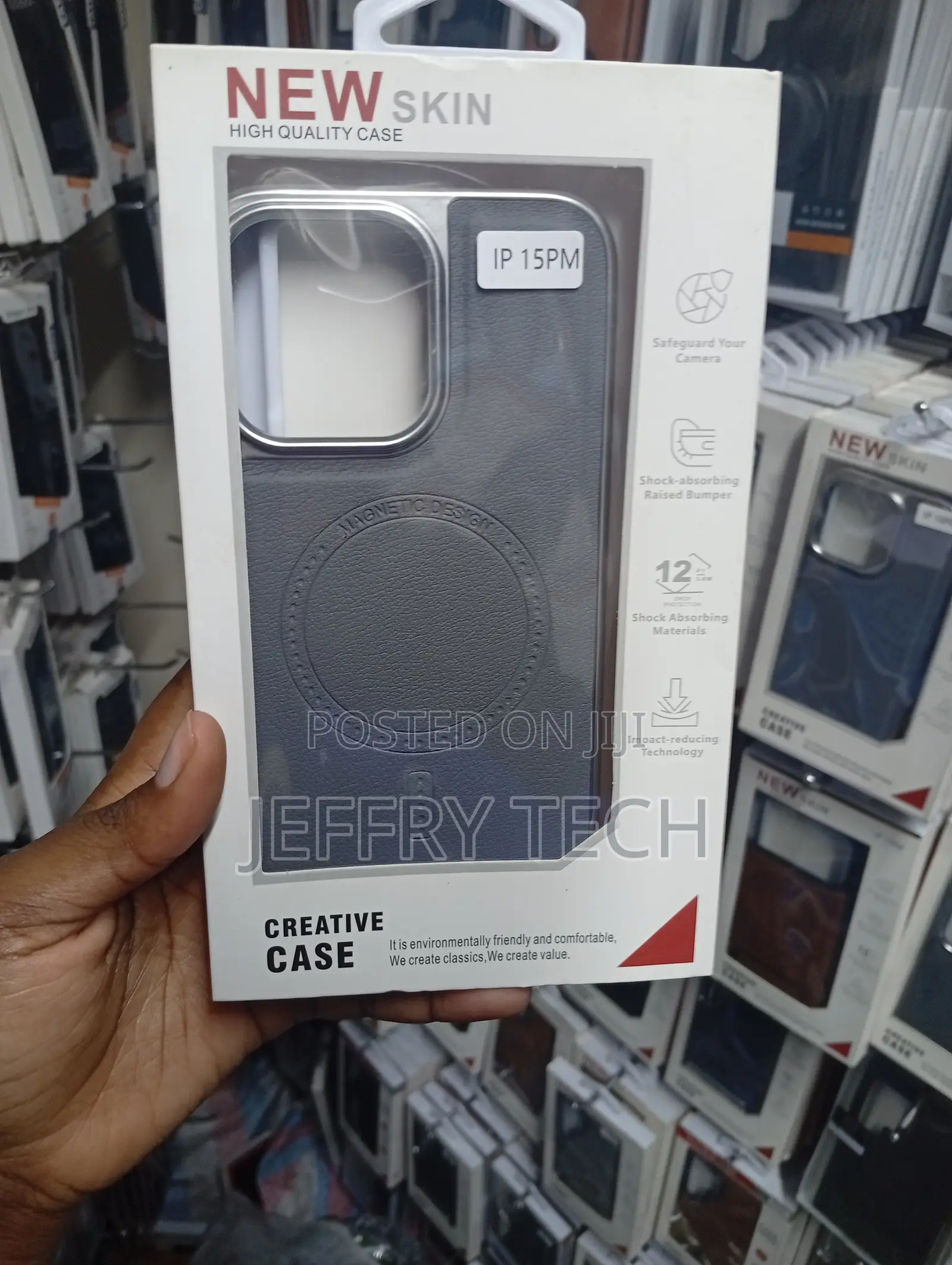 Grey New Skin Magnetic Leather Case Packaged for the iPhone 15 Pro