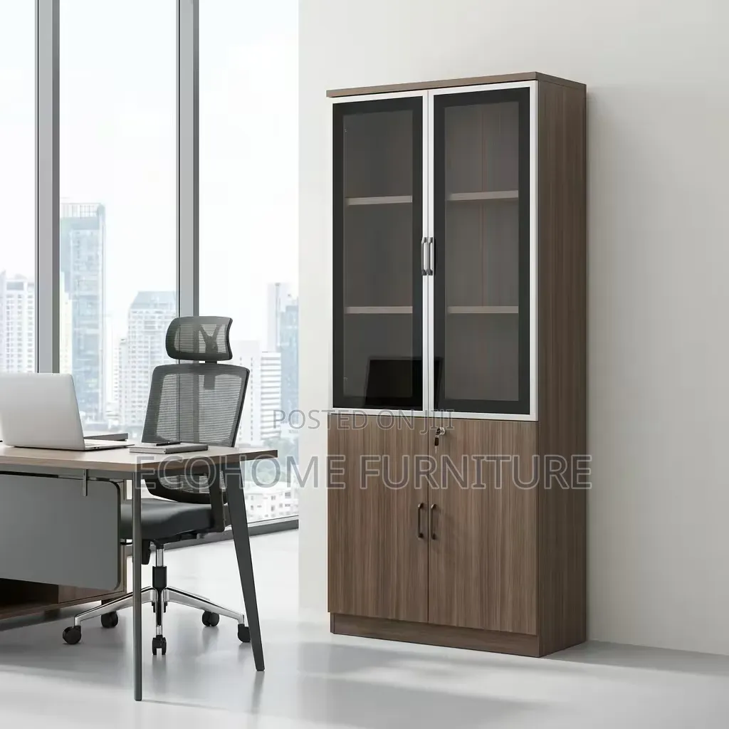 Office Cabinet Wooden 2 Door Glass Display With Storage