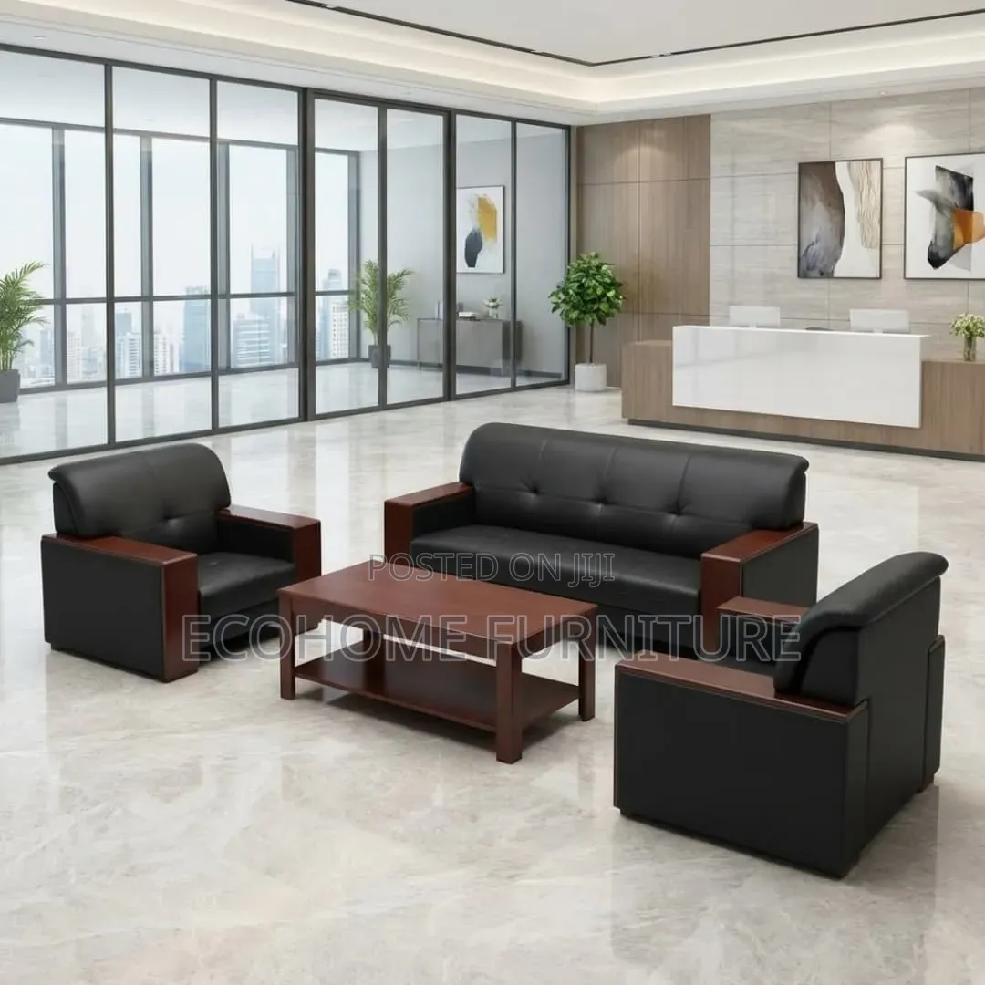 Office Sofa Set 3+1+1 Black Leather With Coffee Table