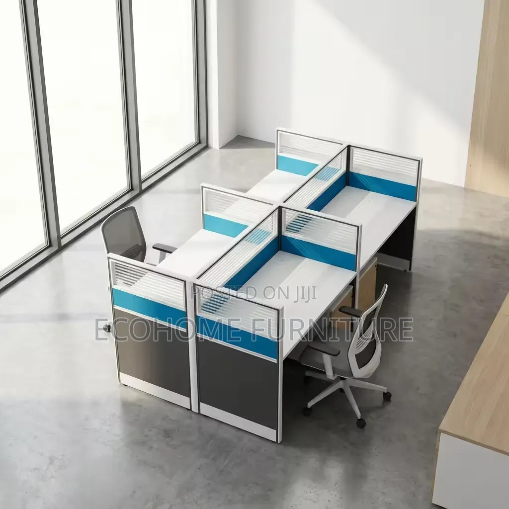 Office Workstation 4 Seater With Blue Privacy Panels