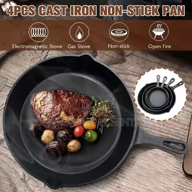 4Pcs Set Cast Iron Frying Pan Cooking Skillet Egg Steak Fry Pan