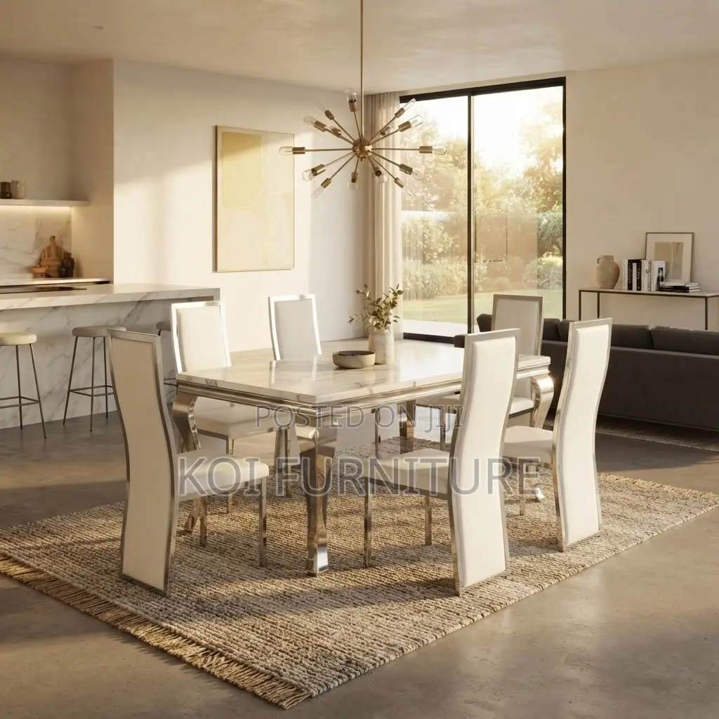 Dining Set; Six Seaters Golden Marble Dining Set