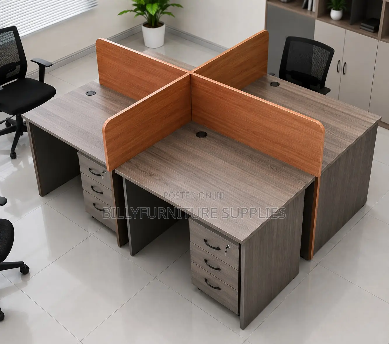 Contemporary 4-Person Workstation | Cluster Desks With Privacy Screens