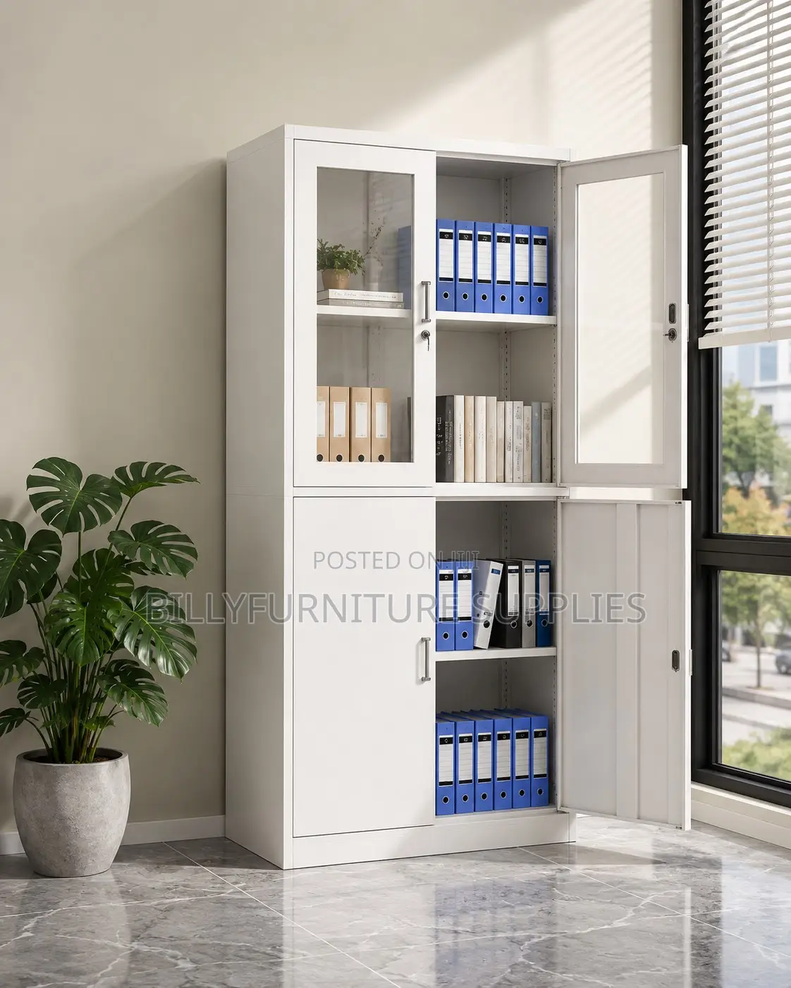 Modern 4-Door Office Storage Cabinet | Glass Lockable Filing Cabinet