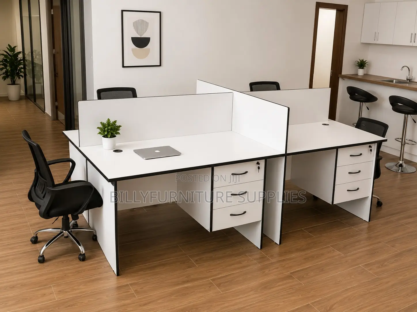 4-Way Office Workstation | White Cluster Desks With Lockable Drawers