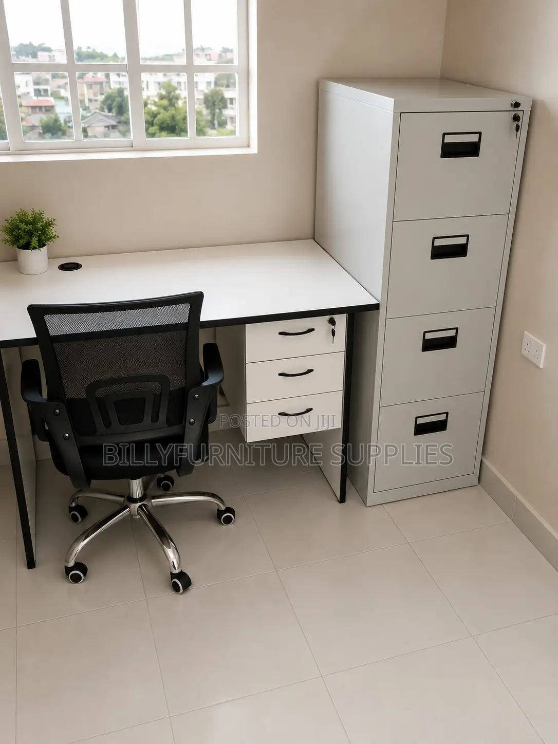 Complete Office Desk Chair Set With 4-Drawer Filing Cabinet