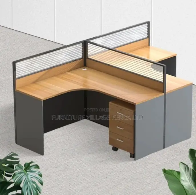 Office Furniture: 2 Seater Curved Brown Workstation Desk.