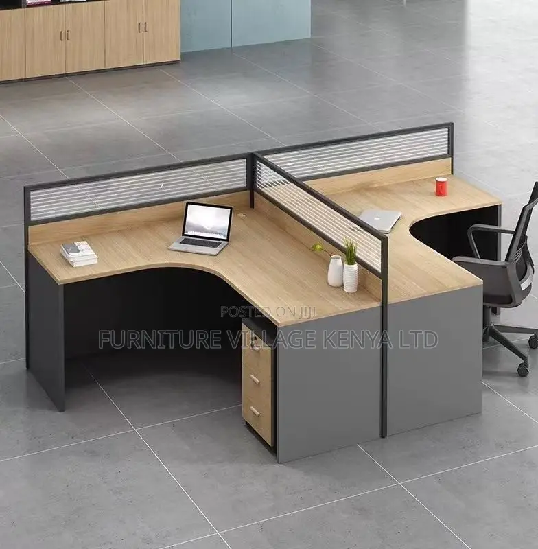 Office Furniture: 2 Seater Curved Brown Workstation Desk.