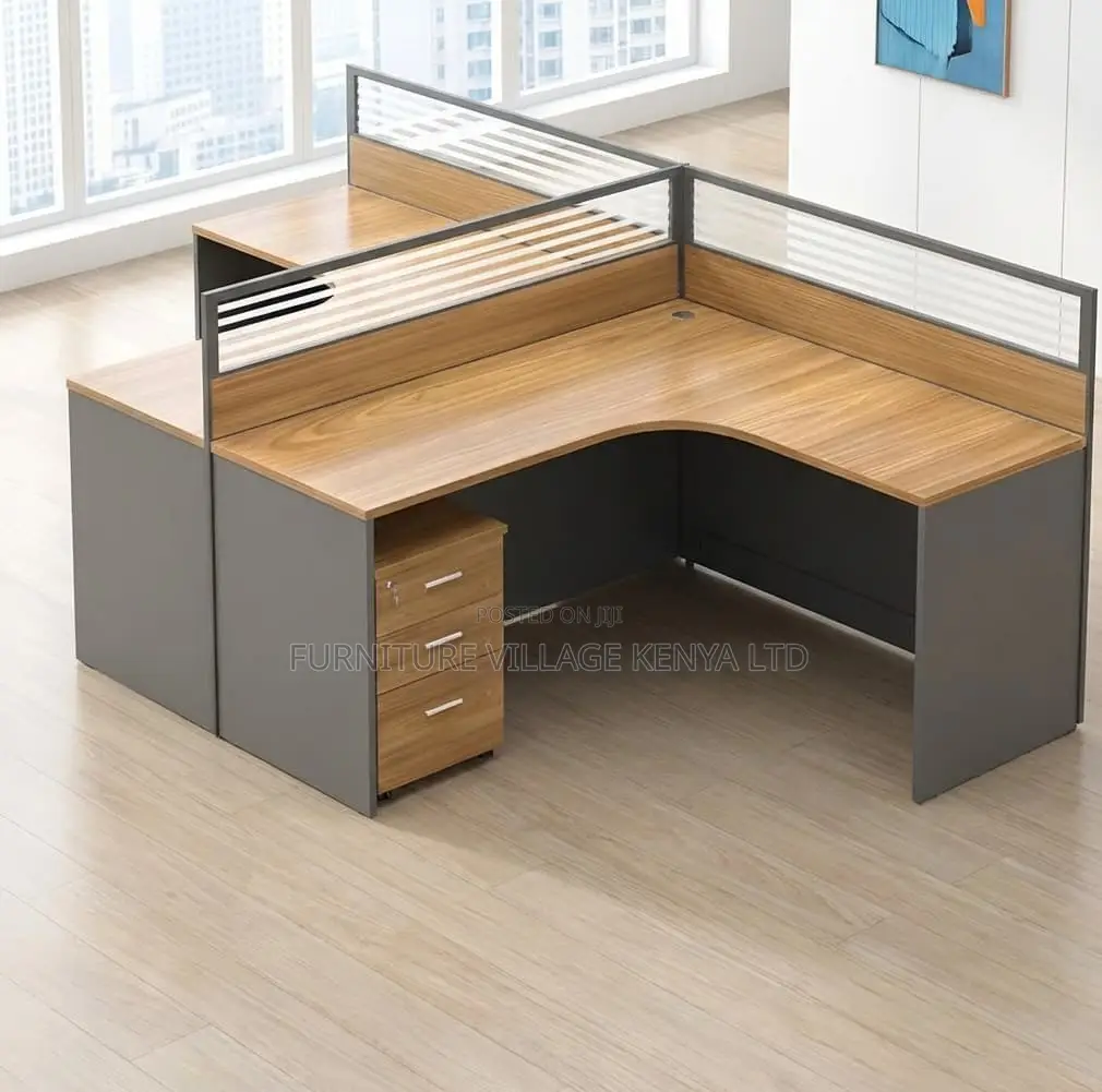 Office Furniture: 2 Seater Curved Brown Workstation Desk.