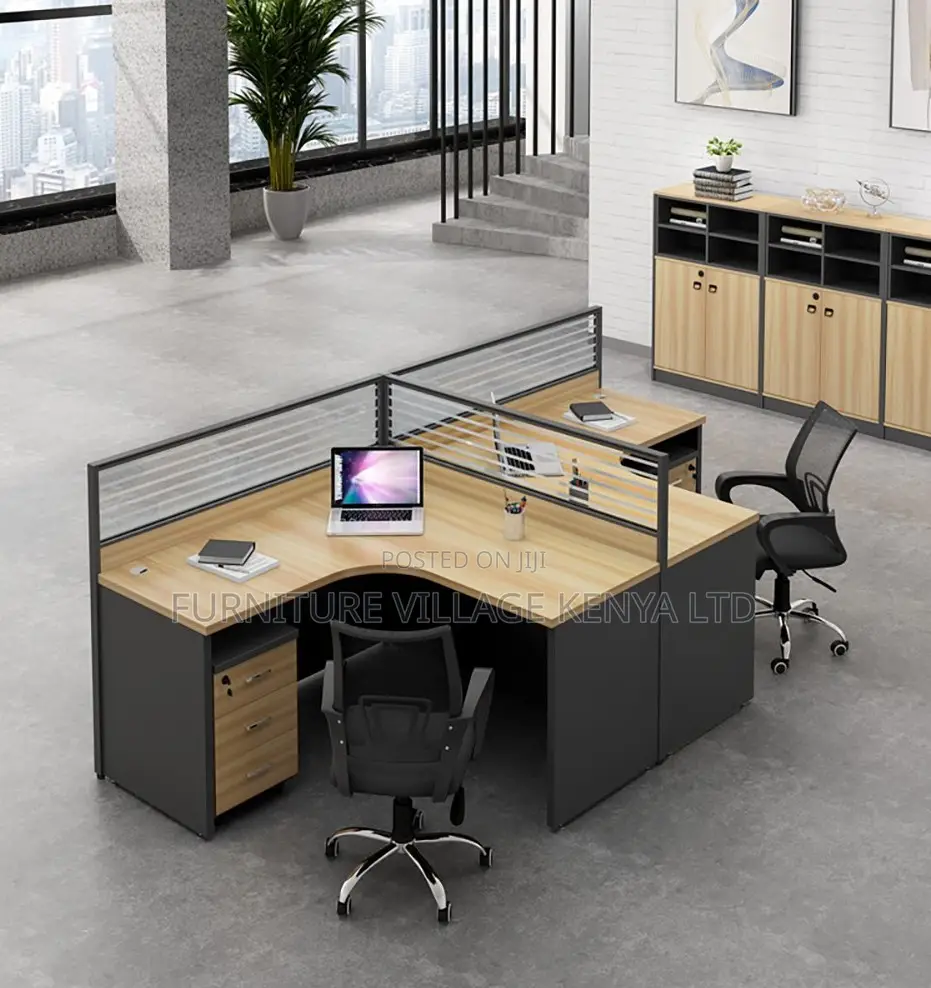 Office Furniture: 2 Seater Curved Brown Workstation Desk.